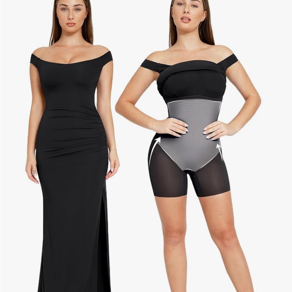 Elegant Black Off-Shoulder Maxi Dress with Shapewear